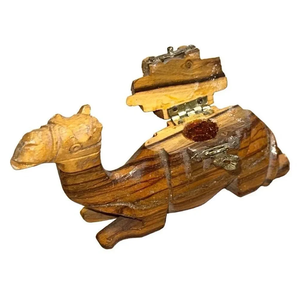 Camel Figurine From Egypt hand carved olive wood trinket box vintage wooden